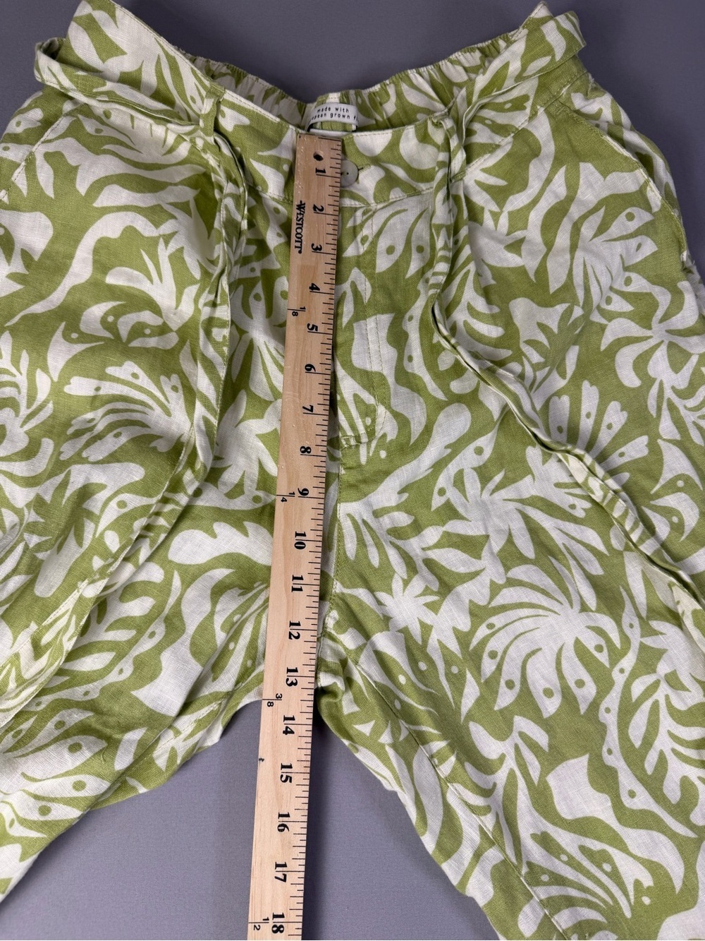100% Linen Rachel Zoe Green and White Tropical Palm Print Wide-Leg Pants Size M - Picture 9 of 13